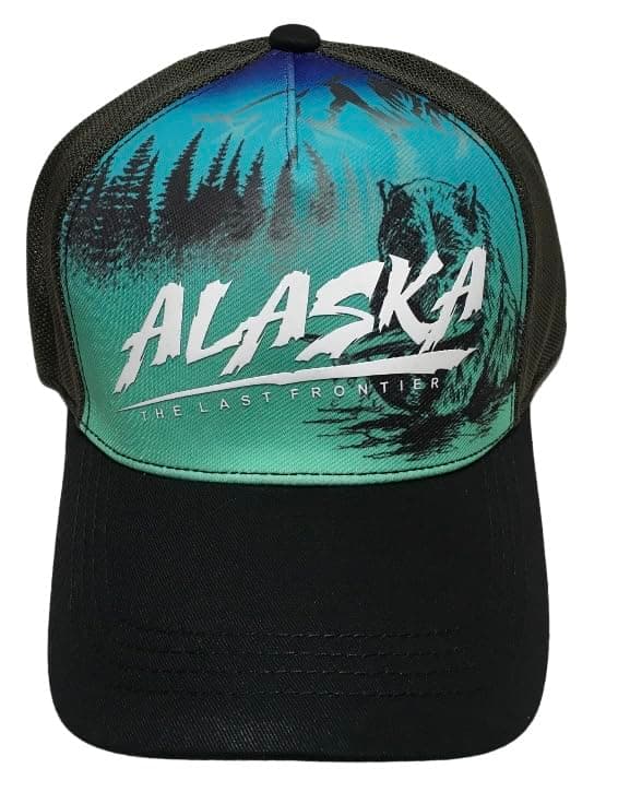 Robin RuthQuality Ball Cap Hat Alaska Bear Design Soft Comfort Mesh Black Green, Black Green, One size