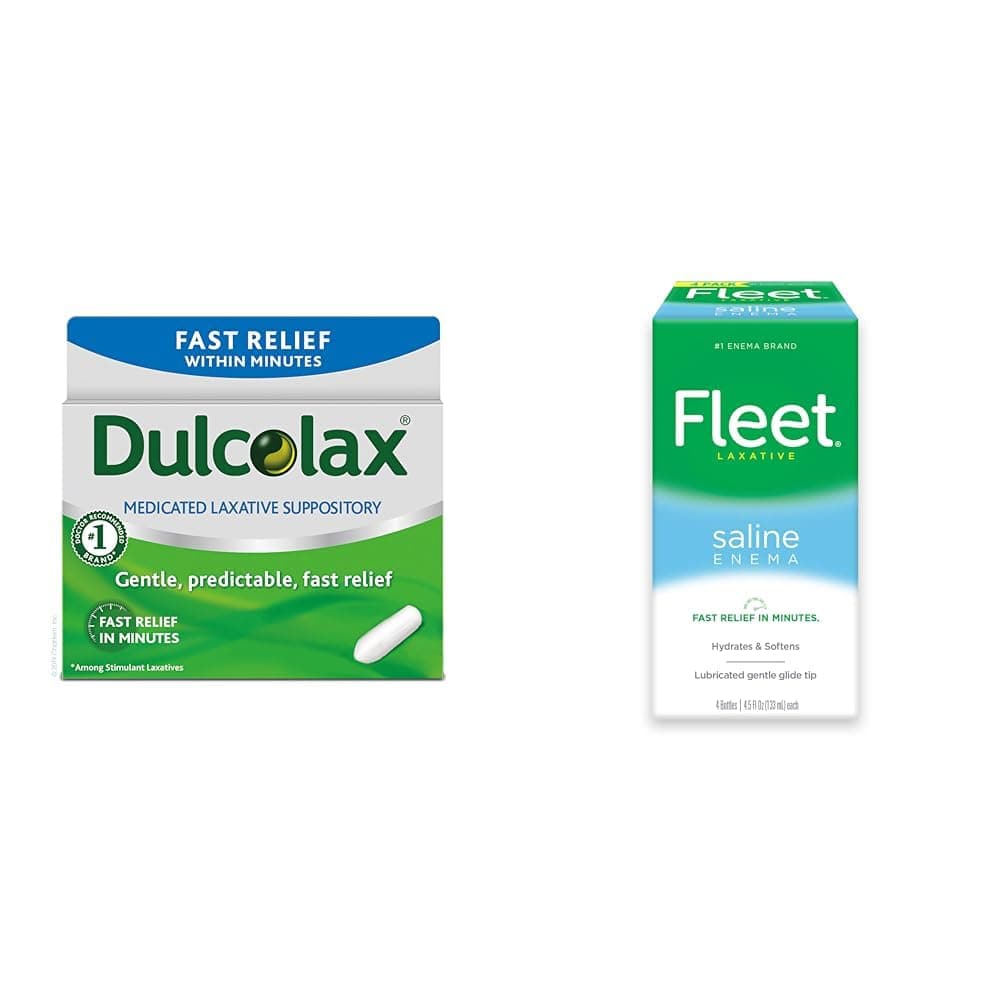 Fast Relief Medicated Laxative Suppositories Fast Relief, Rectal Use Only, Bisacodyl, 10 mg & Fleet Laxative Saline Enema for Adult Constipation, 4.5 fl oz, 4 Bottles