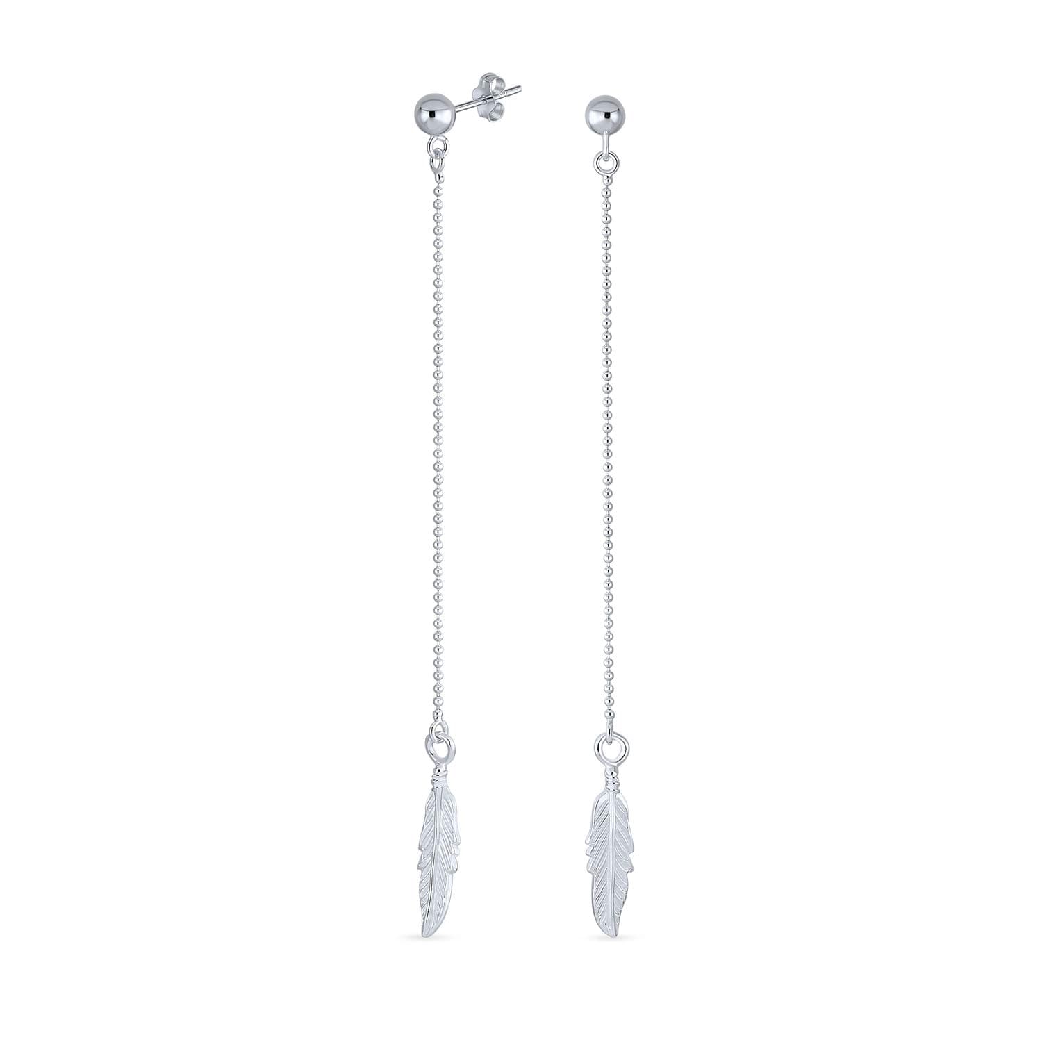 Boho Minimalist Long Thin Linear Beaded Ball Chain Feather Leaf Dangle Earrings Western Jewelry For Women Teens .925 Sterling Silver