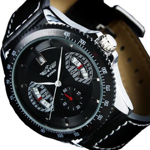 Vantasy Elegant Men's Tourbillon Automatic Mechanical Skeleton Analog Date Black Dial Stainless Steel Business Leather Watch