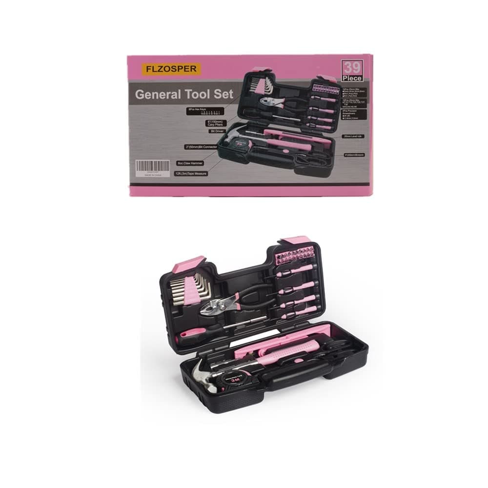39-Piece Tool Set，General Household Hand Tool Kit with Portable Toolbox Storage-Great Gift for Beginners (Pink-Horizontal Measurement)