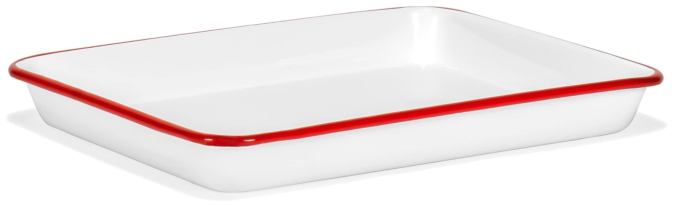 11" x 9" Enamelware Metal Classic 2 Quart Rectangular Serving Tray, Solid White/Red Rim
