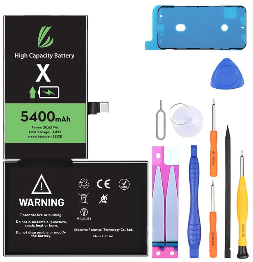 LL TRADER Battery for iPhone X, 5400 mAh High Capacity 0 Cycle Replacement Battery for iPhone X Model A1865, A1901, A1902 with Full Set Repair Tool Kit & Adhesive