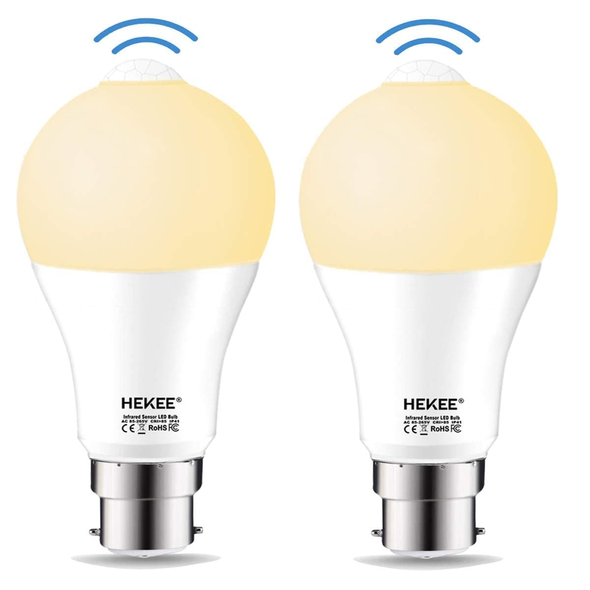 HEKEE PIR Motion Sensor Light Bulb 9W B22, A60 Bayonet Cap Warm White 2700K, Equivalent 60w Incandescent (2 Pack)