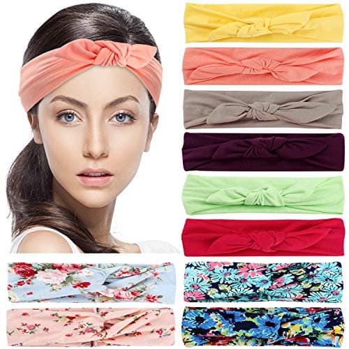 Headbands for women 6 solid color rabbit ear & 4 Criss Cross boho floal style headbands Elastic Hair Wraps Stretchy Hair