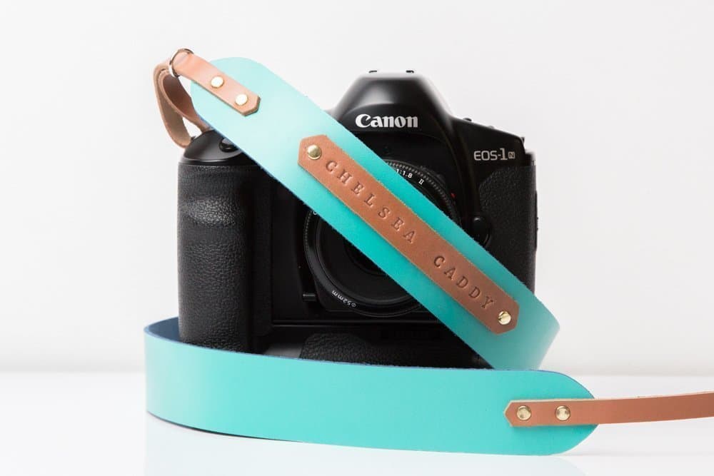 Engraved leather camera strap in turquoise with tan color Personalized camera strap for Canon Nikon Sony Fuji Olympus