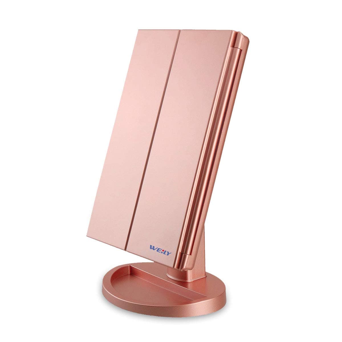 WEILY Lighted Vanity Makeup Mirror 1x/2x/3x Magnification Trifold with 36 LED Lights Touch Screen and USB charging, 180 Degree Adjustable Stand for Countertop Cosmetic Makeup Mirror(Rose Gold)