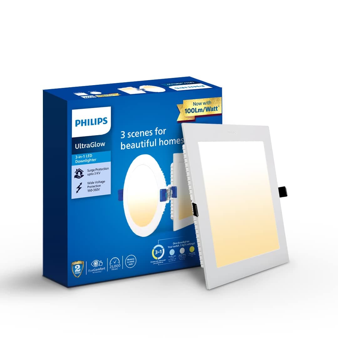 PHILIPS Polycarbonate Ultra Glow 15-watt Square LED Downlighter|3 Colors in 1 Recessed LED Downlight|LED Ceiling Light for Home and Hall|Cut Out: 6 inch, Color: Tunable White, Pack of 1