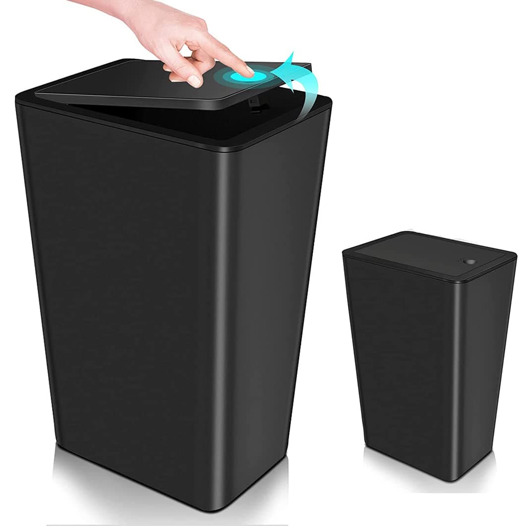 ANTOLE Bathroom Trash Can with Lid,12L Kitchen Compost Bin,Slim Garbage Bin Plastic Wastebasket with Pop-Up Lid for Bedroom,Office,Craft Room,Camping,Fits Under Desk/Cabinets/Sink (12L, Black)