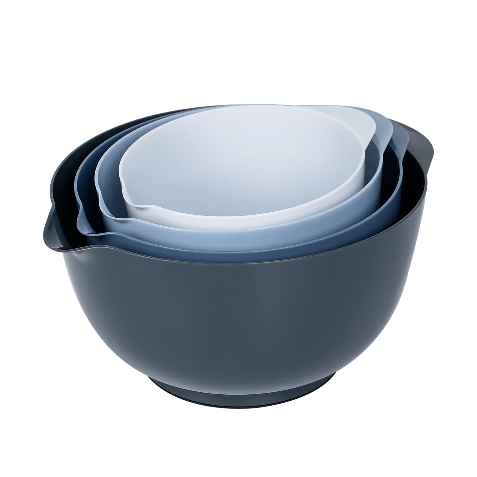 BoxedHome Nesting Plastic Mixing Bowl Set With Pour Spout, Microwave and Dishwasher Safe, BPA free Non-Slip Base, Set of 4 Size 1.7, 2.5, 3.5 and 4.5qt, Great for Prepping, Baking, Cooking (Haze Blue)