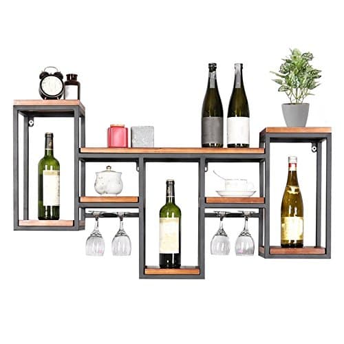 Wall Mounted Industrial Retro Metal Wood Shelves Multi Function Rustic Wine Bottle Shelf with Glass Holder Storage Organizer Hanging Shelf