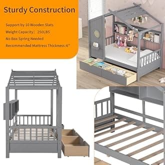 Linique Wooden Twin Size House Bed with 2 Drawers and Storage Shelf,Twin Platform Bed Frame with Pitched Roof,Gray