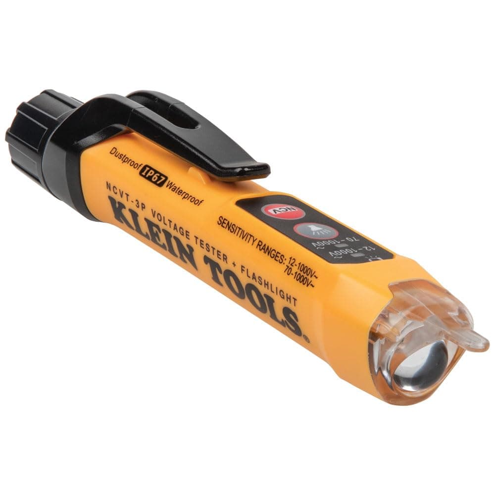 Klein Tools NCVT3P Dual Range Non Contact Voltage Tester, 12-1000V AC Pen, Flashlight, Audible and Flashing LED Alarms, Pocket Clip