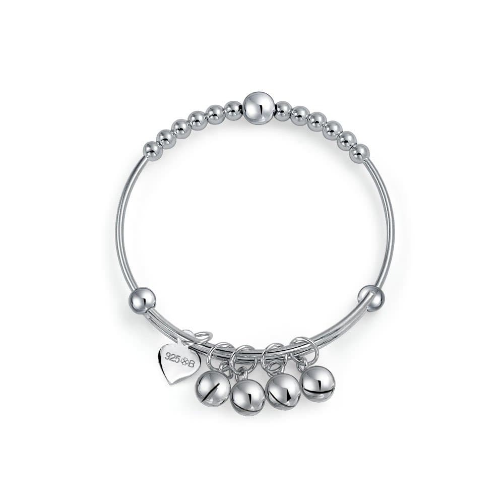 Tiny Round Ball Beaded Dangle Charm Bangle Dainty Bracelet For Women .925 Sterling Silver For Small Wrists 6.75 Inches