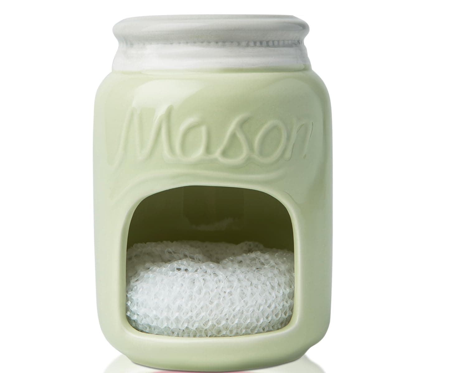 Comfify Ceramic Kitchen Sponge Holder - Farmhouse Style Sink Caddy - Mason Jar Decorative Kitchen Accessory - Country Rustic Sink Decor - Includes Free Sponge - Green