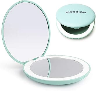 WOBSION Compact Mirror with Light, 1x/10x Magnifying Travel Makeup Mirror, LED Pocket Mirrors for Purse and Handbag, Handheld 2-Sided Small Folding Mirrors, Round, Cyan