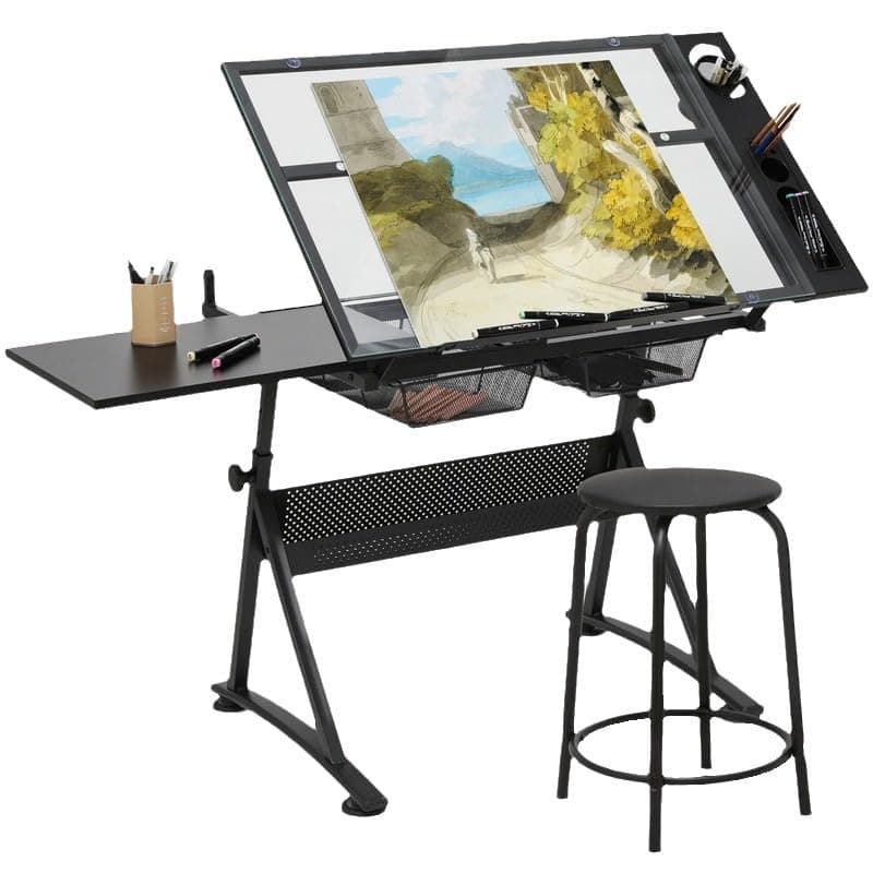 QXRSOP Drawing Tables for Artists,Height Angle Adjustable Drafting Desk w/2 Drawers Craft Station with Metal Frame Glass Tabletop Tiltable Art Desk Work Station for Painting, Writing, Studying