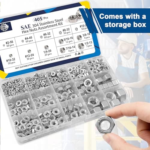 ZQZ 405 Pcs SAE Hex Nuts Assortment Kit #2-56#4-40#6-32#8-32#10-24#10-32#12-2...