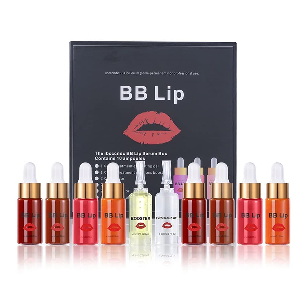 BB Lips Serum Kit, Semi Permanent Lip Make-up Treatment, 4 Color Lip Gloss Lip Tint for Lip Pigment Professional Makup Kit, Including 4 Colors Liquid Lip Pigments, Exfoliating Gel and Booster
