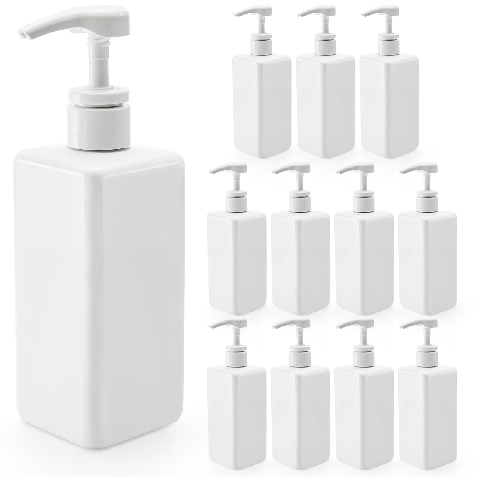 12 Pack 16 Oz Plastic Pump Bottles, Empty Refillable Container Liquid Soap Dispenser for Shampoo, Lotion, Cleaning Products, Kitchen, Bathroom, White Square