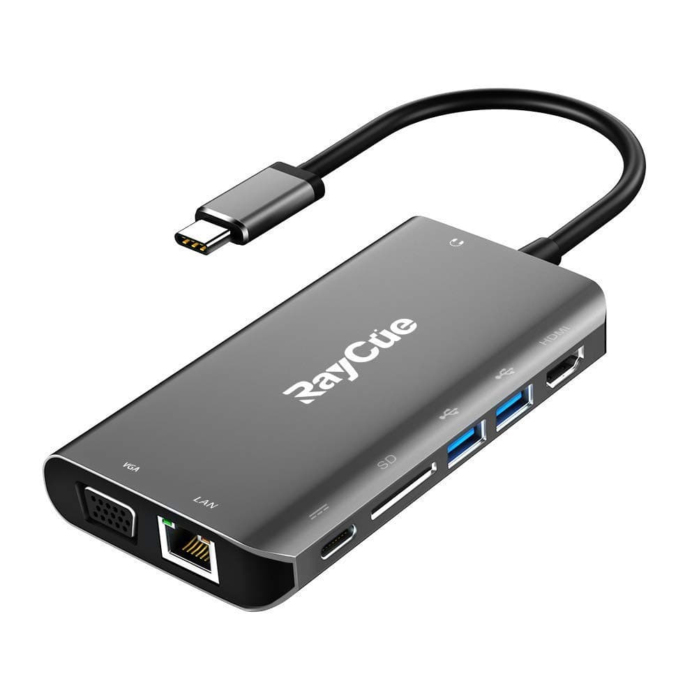 USB C Hub, 8 in 1 USB Type C to HDMI & VGA Hub with RJ45 Gigabit Ethernet Port, 2 USB3.0 Ports, SD Card Reader, 3.5mm Aduio Output&Power Delivery Charging Port for Mac-Book, DELL, HP (Grey)