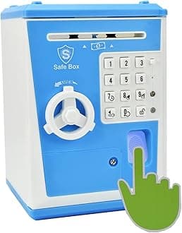 Lyght Mini ATM Savings Bank for Real Money, Voice Piggy Banks, Fingerprint Password, Kids Safe Coin Money Box, Blue