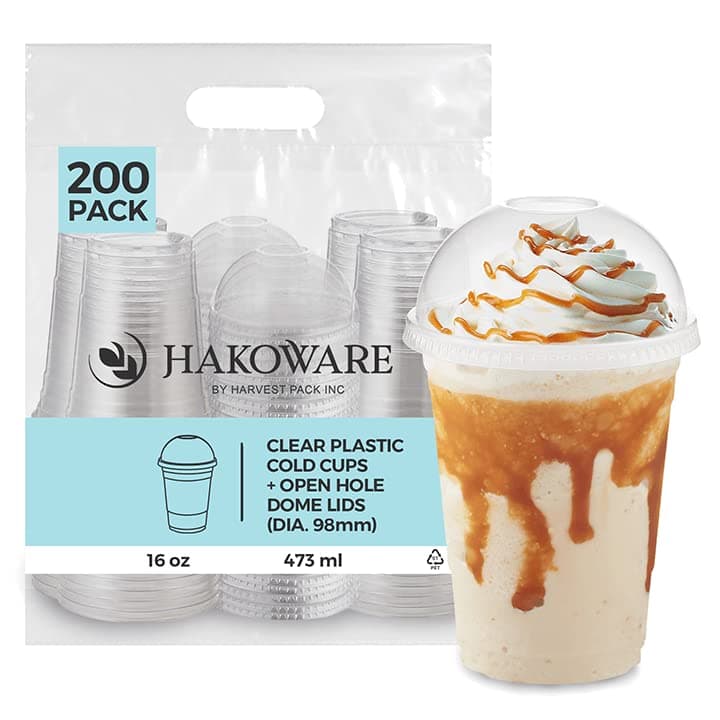 [200 SETS] HAKOWARE 16 oz Ultra Clear Disposable Plastic Cold Cups with Cross Hole Dome Lids