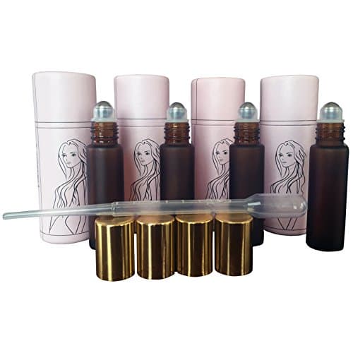 10ml Empty Amber Frost Rollerball Bottle for Essential Oils, Perfume and Medicinal Blends in a Pack of 4. Each Bottle Comes in a Custom Made Pink Case Ideal for Gifts.