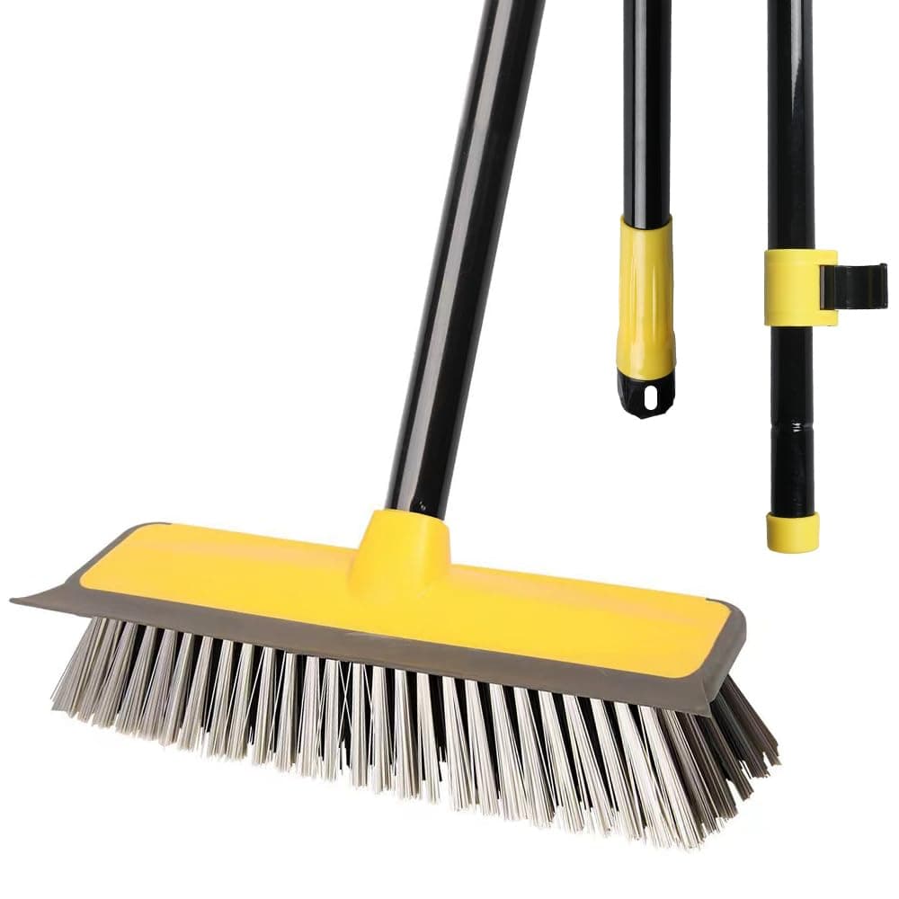 Floor Cleaning Brush with squeegee, 60” Long Handle Push Broom, Stiff Bristles Deck Broom for Bathroom Tub Tile Patio Kitchen Garden, Yellow