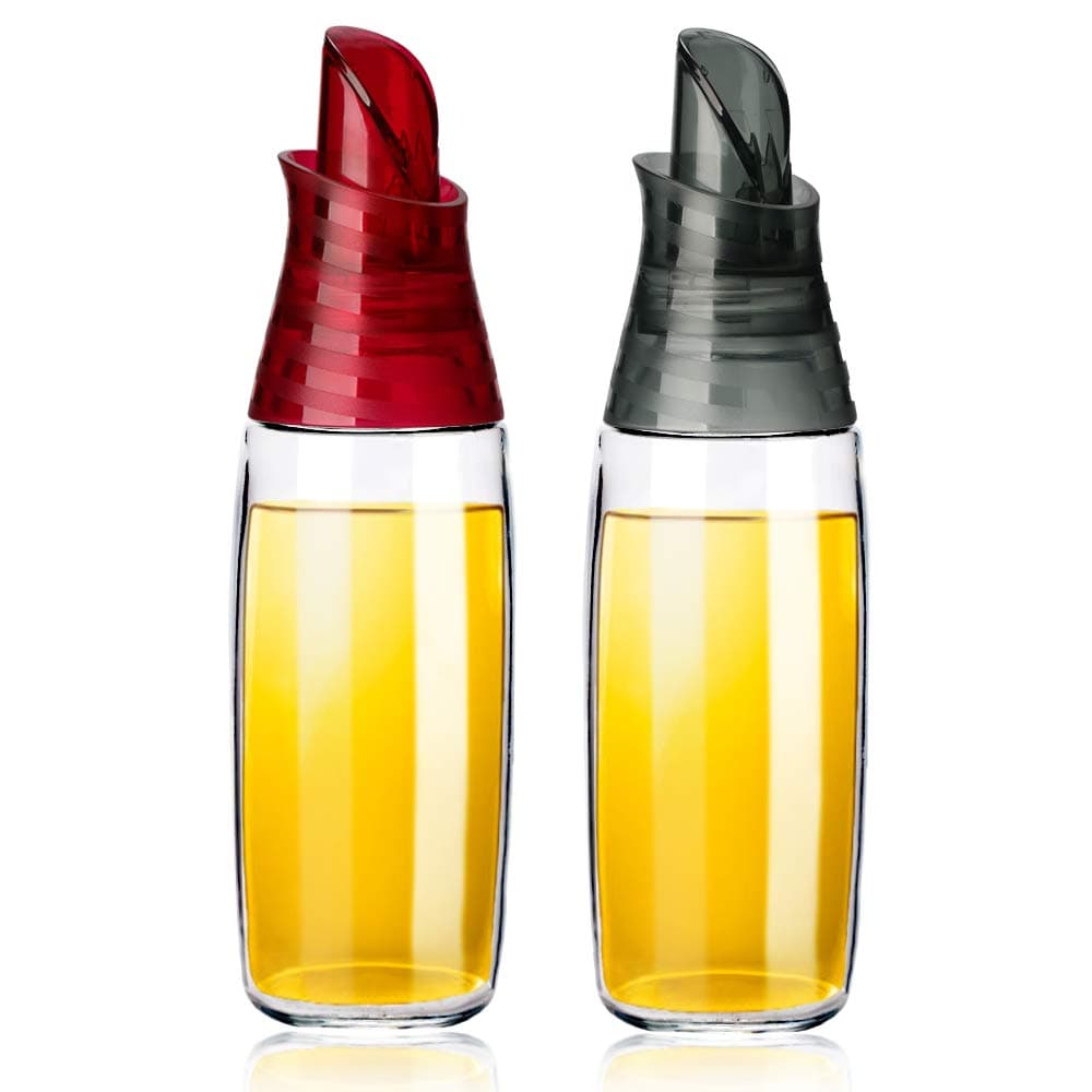 Gmisun 2 Pack Olive Oil Dispenser Bottle with Automatic Flip Lid Dripless Glass Oil Bottle for Kitchen Oil and Vinegar Cruet 12 Ounce Grey Red and Grey