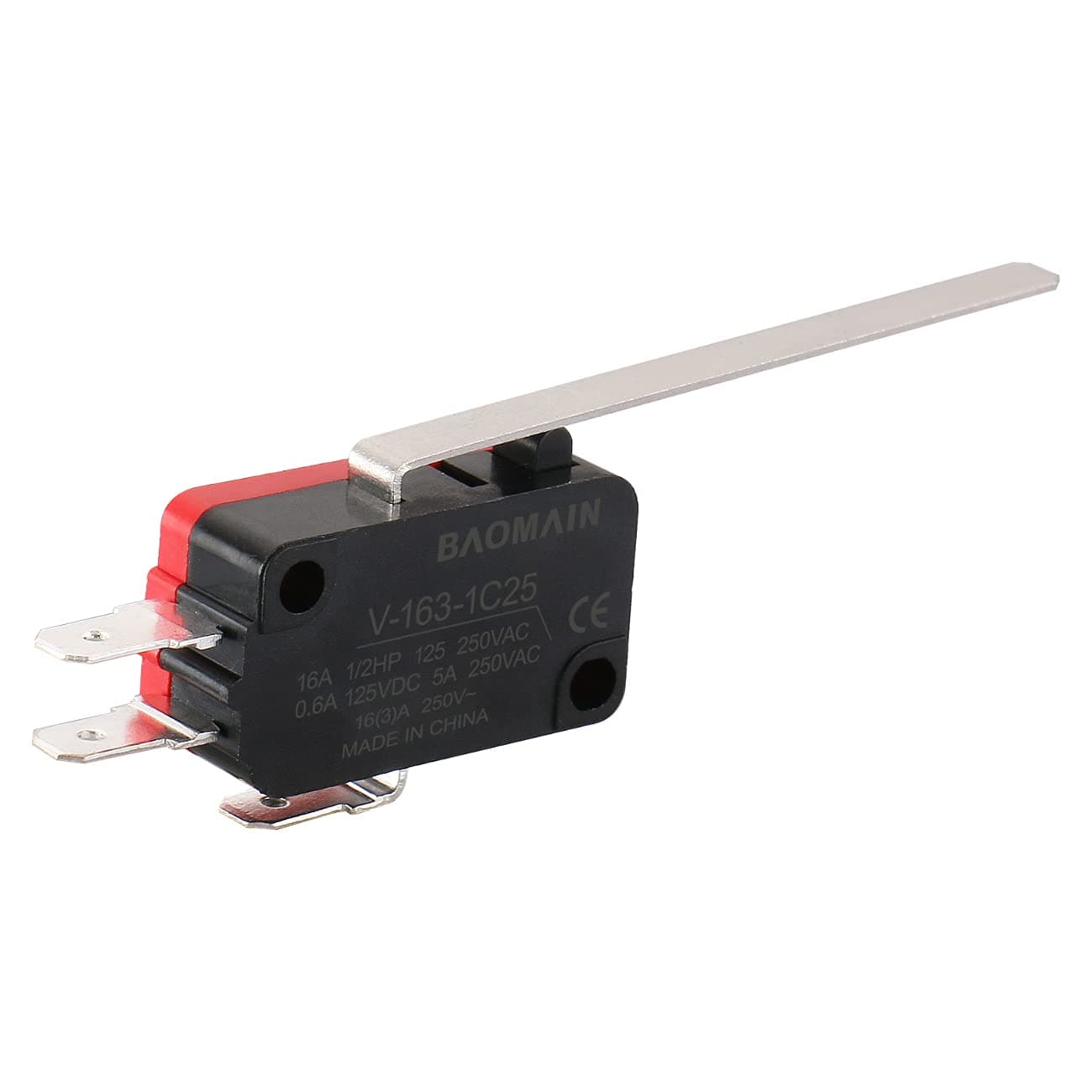 Baomain 5-Pack Micro Switch SPDT Snap Action 16A 250V AC, 1NO 1NC, 3 Terminals,Long Straight Lever,V-163-1C25