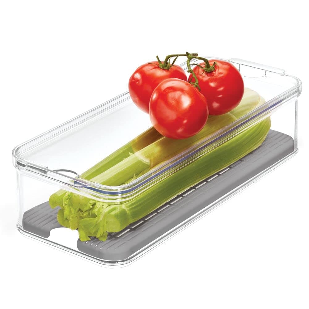 Idesign Crisp Produce Plastic Refrigerator And Modular Stacking Pantry Bin With Lid And Removable Inner Basket, Perfect For Washing Vegetables, Fruit, Lettuce, Bpa Free 15.72" X 6.32" X 3.76"