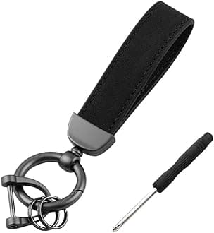 Kewucn Genuine Leather Car Keychain, Universal Heavy Duty Metal Auto Key Fob Holder with Anti Lost D-Ring for Men Women (Black-Black)