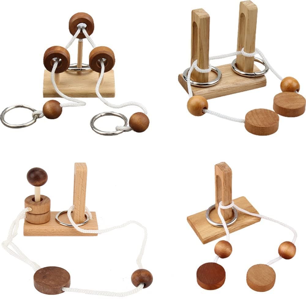 Brain Teaser Puzzle Wooden Threading Rope Loop Puzzle Luban Lock Brain Teaser Game Adult Kids Toy Puzzles for Adults(4Pcs)