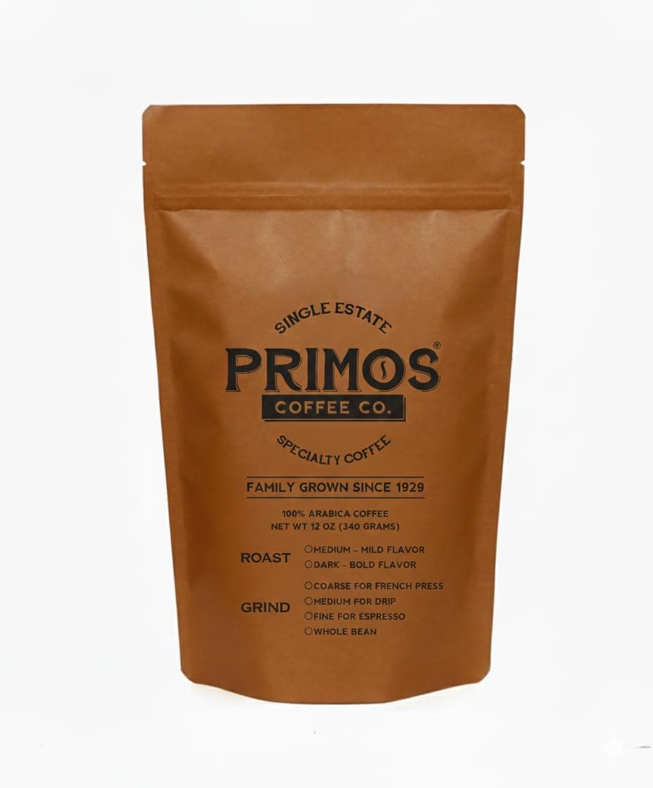 Single Origin Specialty Coffee, Whole Bean, Medium Roast, Direct Trade, Primos Coffee Co, 12 Oz.