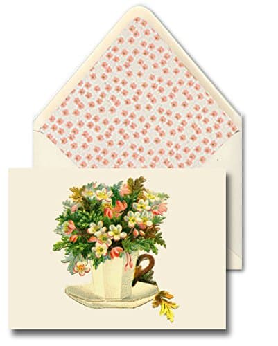 HAND MADE CARDS AND HAND LINED DESIGNER ENVELOPES [Set Of 10] - Botanicals/Flowers/Nature - Artist's "China Tea Cup With Small Blooms" Stunning Vintage Art Combines With Elegant Hand Made Paper With Soft, Stylish And Sophisticated Mini Coral Blooms On Cream Design/Pattern And Specialty Materials To Create These Delightful Cards From Our Design Collection - A Stylish Way To Add A Personal Touch To Your Correspondence - Crafted By Hand By K DESIGNS