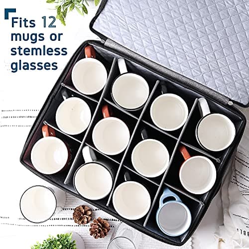 Coffee Mug Storage, Quilted and Stackable Coffee Cup Storage Organizer for Service of 12, Mug Storage Box with Dividers, Mug China Storage Containers Hard Shell for Moving and Seasonal Storage