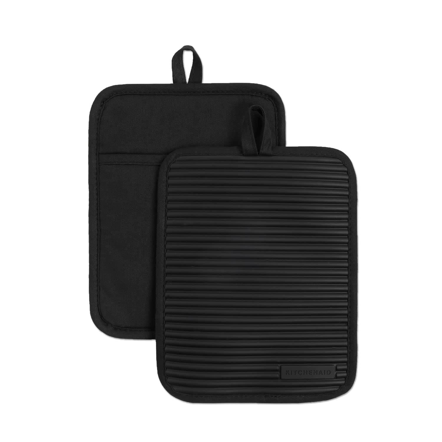 KITCHENAID Ribbed Soft Silicone Pot Holder 2-Pack Set, Matte Black, 7"x9"
