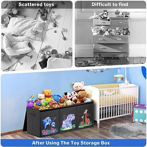 Extra Large Toy Box, Toy Boxes for Kids Extra Large, Easy to Assemble, 3 Different Compartments, Foldable Sturdy Storage Bins w/Lid, Toy Chest for Nursery Playroom Bedroom Living Room
