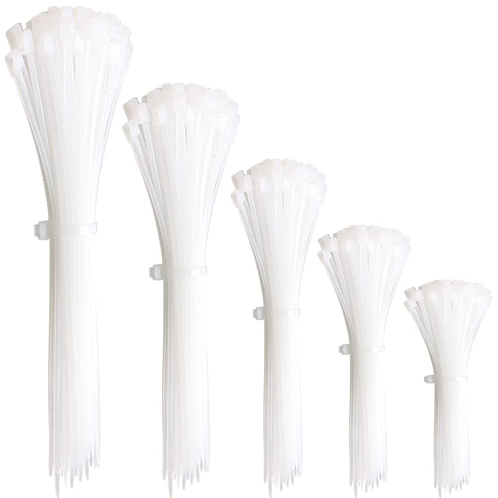 300 Pieces White Nylon Cable Ties Mixed Pack Heavy Duty Strong Self Locking Long Plastic Clear Zip Tie Wraps Assorted Sizes 100/150/200/250/300mm Length 4/6/8/10/12 Inch, 2.5/3.6mm Width