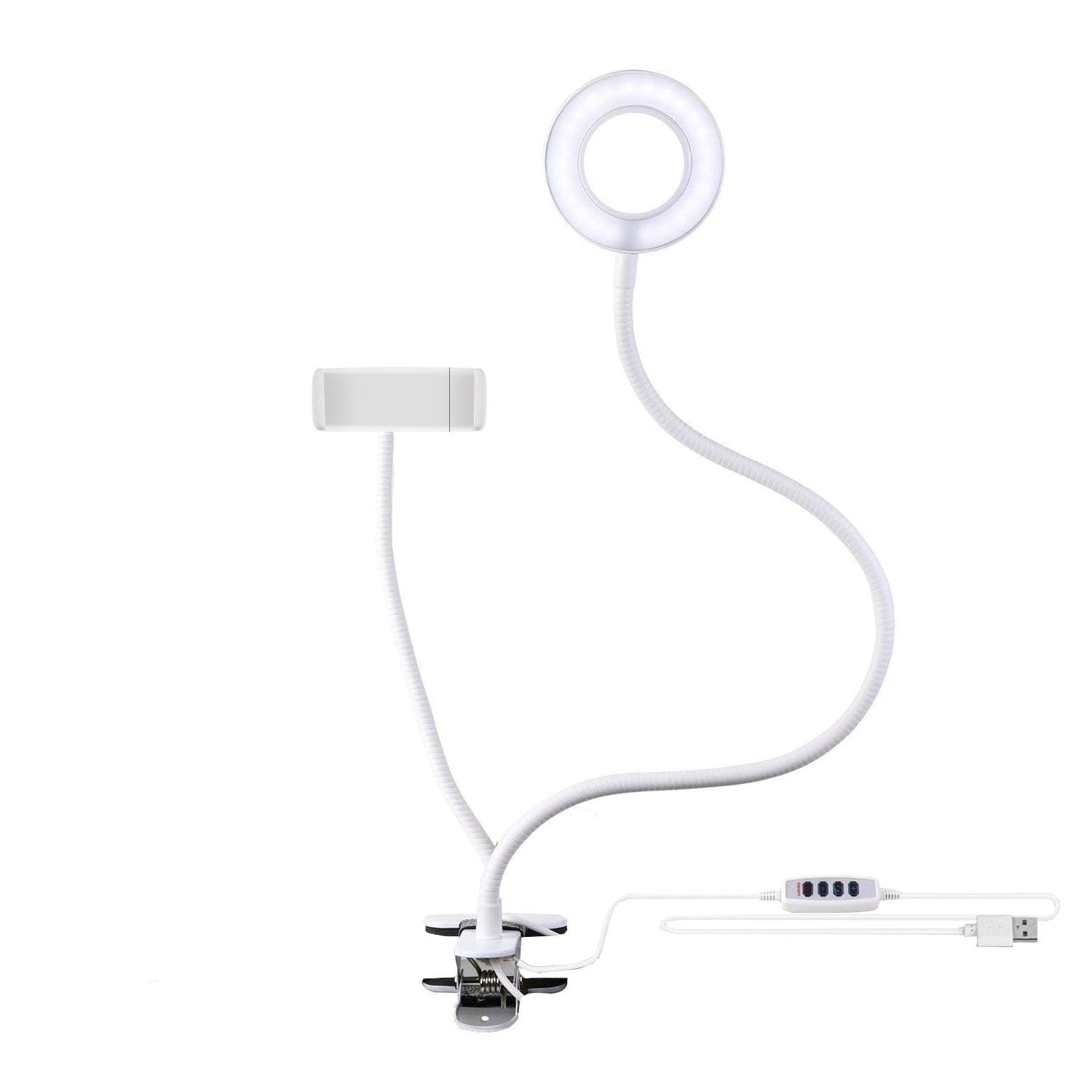 KINDEEP Cell Phone Holder Stand with Selfie Ring Light for Live Stream, Make up, Dimmable(3 Lighting Modes) LED Light (10-Level Brightness), Flexible Phone Holder Lazy Bracket for Phone (White)