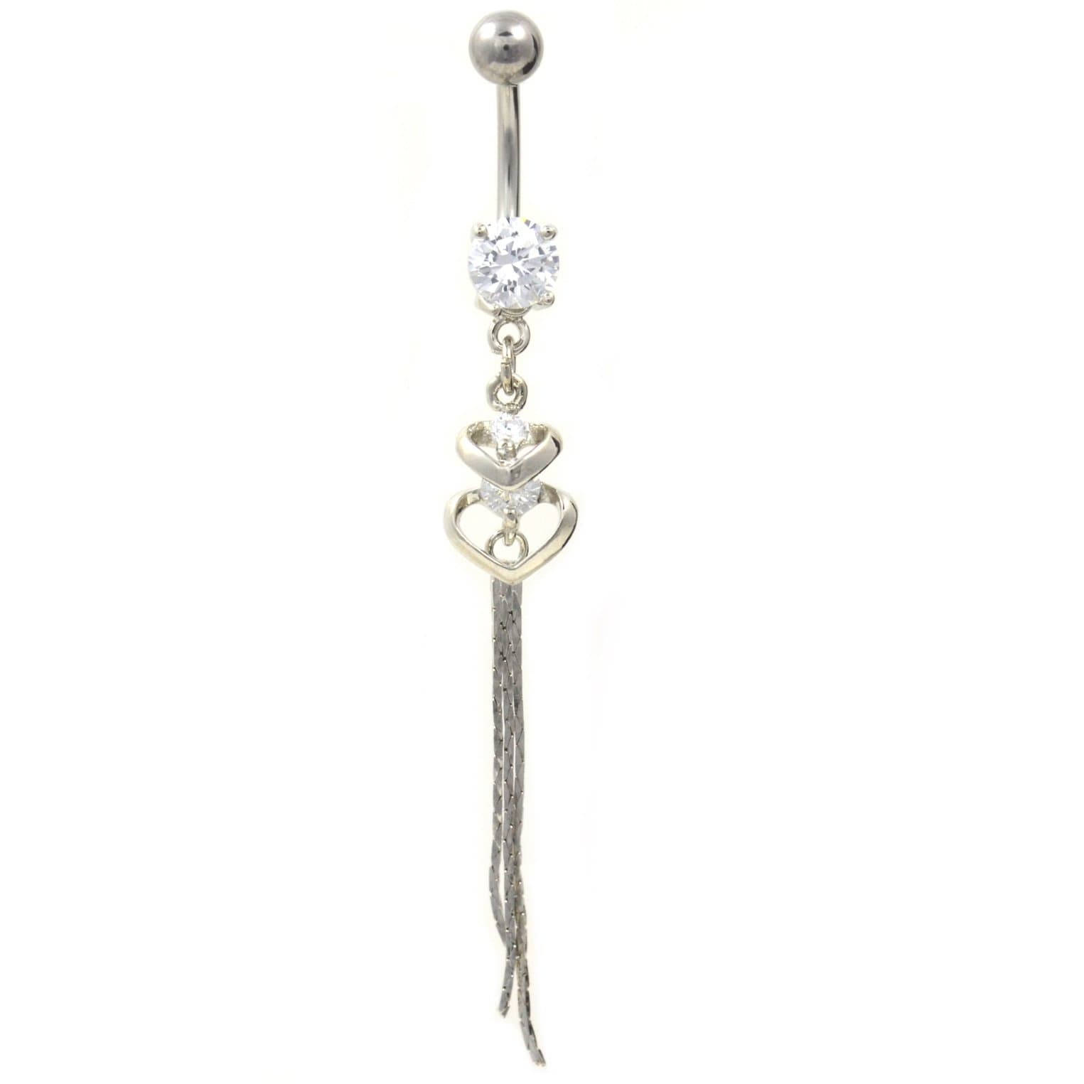 Two Heart & Three Chains Belly Button Piercing Jewelry w/Clear CZ Gems - 14G 3/8"