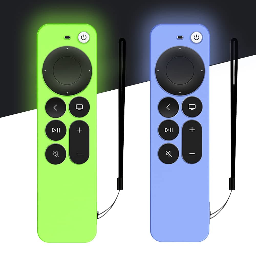 Silicone Case for Apple TV 4K 2021 Remote Control, 2 PCS, Full Body Protective Cover, Shockproof, Durable, Silky-Soft, Anti-Loss Rope (Glow Blue+Glow Green)
