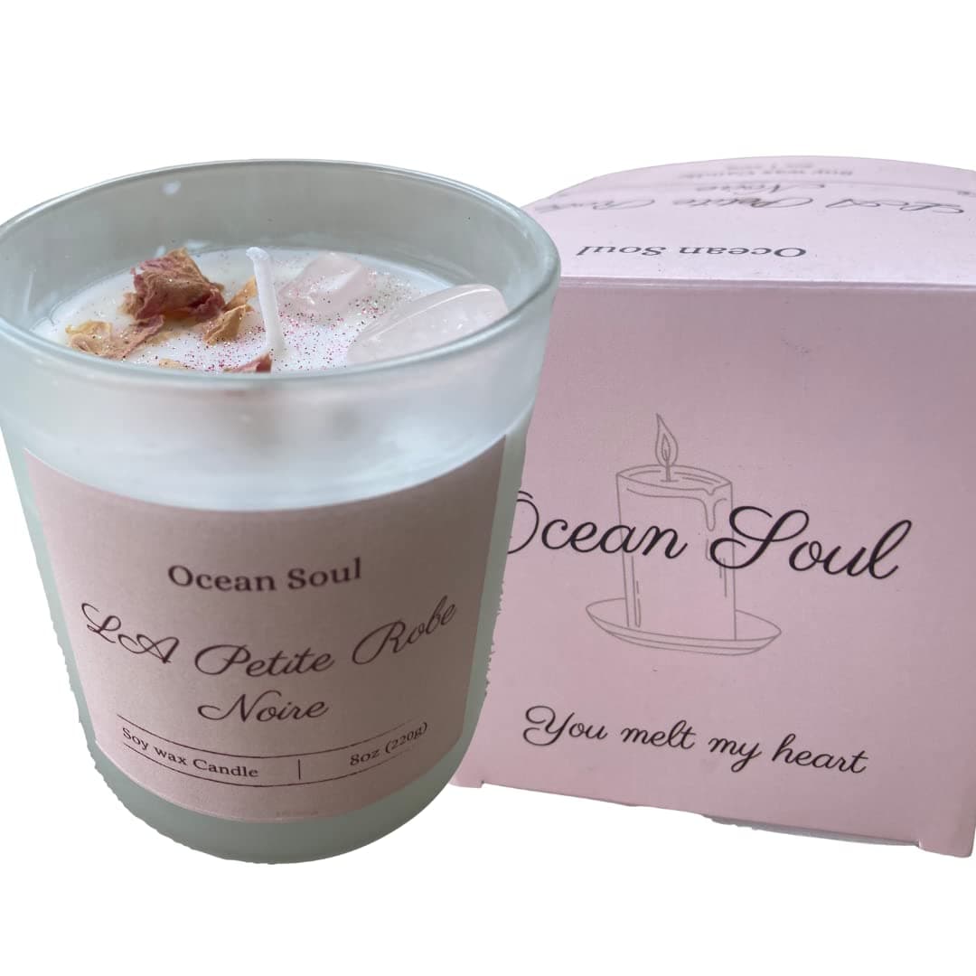 Scented Soy Aromatherapy Gemstone Candle, 35 Hour Burn Time, Made with Soy Wax and Essential Oils, Healing, Meditation, Chakra Agate Stone with Dried Flowers, La Petite Robe Noire, 8 oz