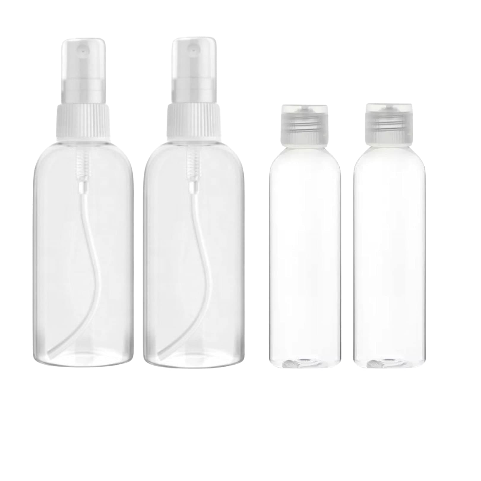 N3ma 4 Pcs Spray Bottles Set. 2pcs 100 ml fine mist sprayer 2pcs 100ml flip top squeezable. Refillable with water or any solution for travel, cleaning, disinfecting, sanitizing and cosmetics purposes