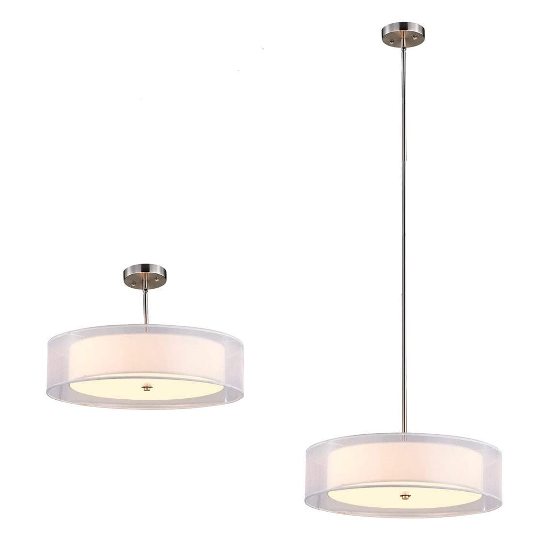 TZOE Drum Light,Double Drum Chandelier,White 3 Light Drum Pendant Light,20",Adjustable Height,Brushed Nickel Finish,UL Listed