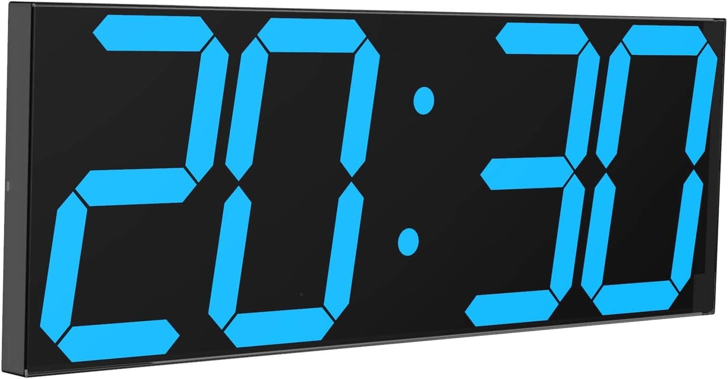 CHKOSDA LED Large Digital Wall Clock, Oversize Wall Clock with 6” Numbers, Remote Control Count up/Countdown Timer Clock, Auto Dimmer, Big Calendar and Thermometer(Ice Blue)