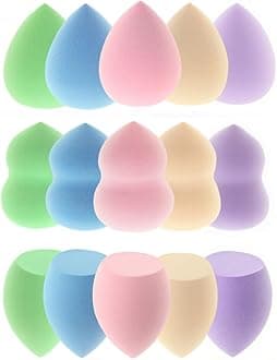 15 Pcs Makeup Sponges Set - 3 Shapes Multi-Colored Soft Cosmetic Sponges for Liquid, Cream & Powder Foundation, Concealer (Pink/Nude/Purple/Green/Blue)