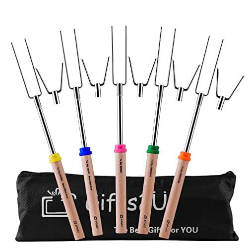 Marshmallow Roasting Sticks Set of 5, 10 Replaceable Fork Heads SS 304 10-32" Telescoping Hot Dog Roasting Sticks for Fire Pit, One and Only Lettering Smores Kit for Family by Gifts2U
