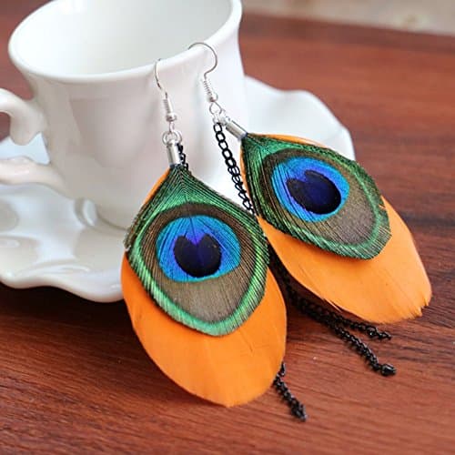 RUNHENG Handmade Feather Peacock Earrings on Silver Hook